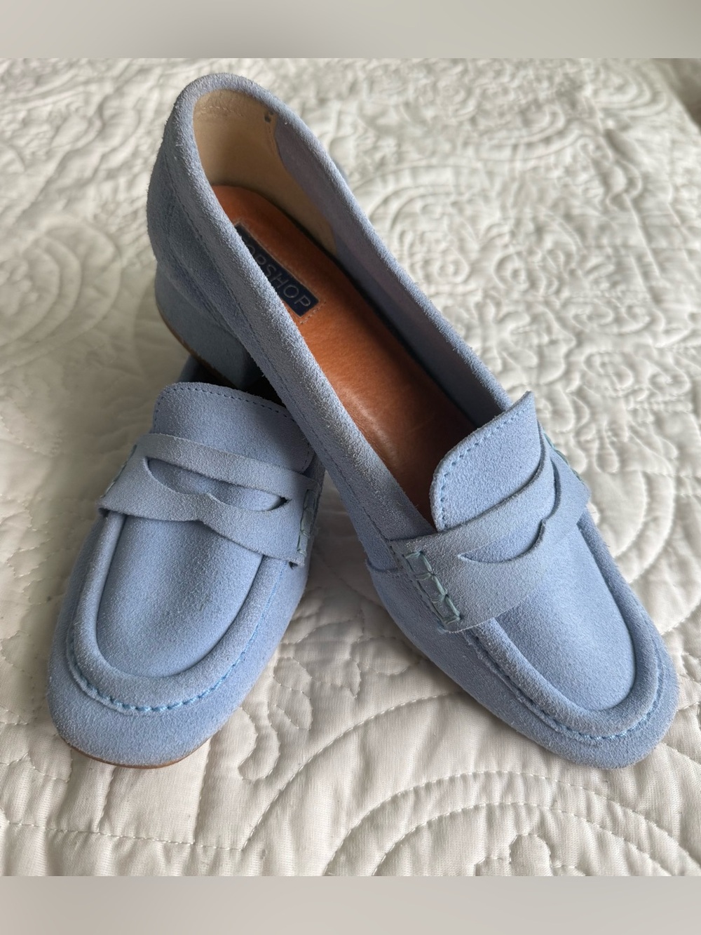 Topshop Cornflower Blue Suede Penny Loafers leather Low Block Heel  38